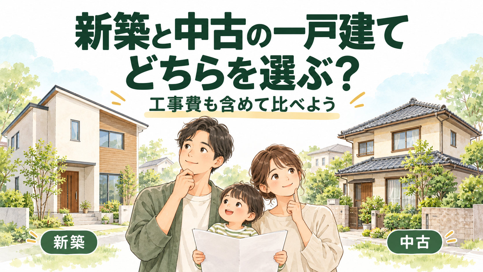 新築と中古の一戸建てを見比べるご夫婦と子どものイラスト