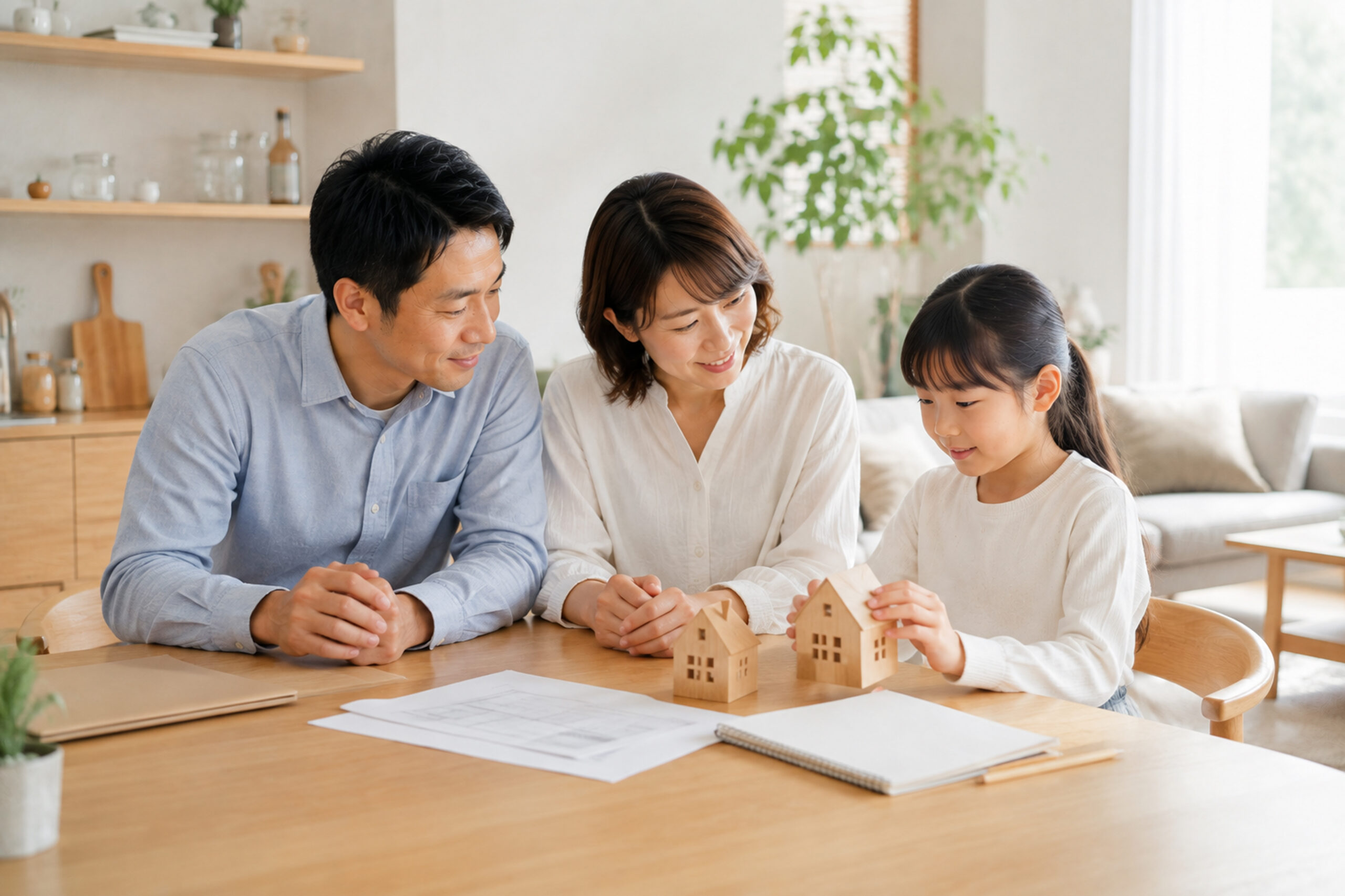 家計やこれからの住まいについて話し合う家族