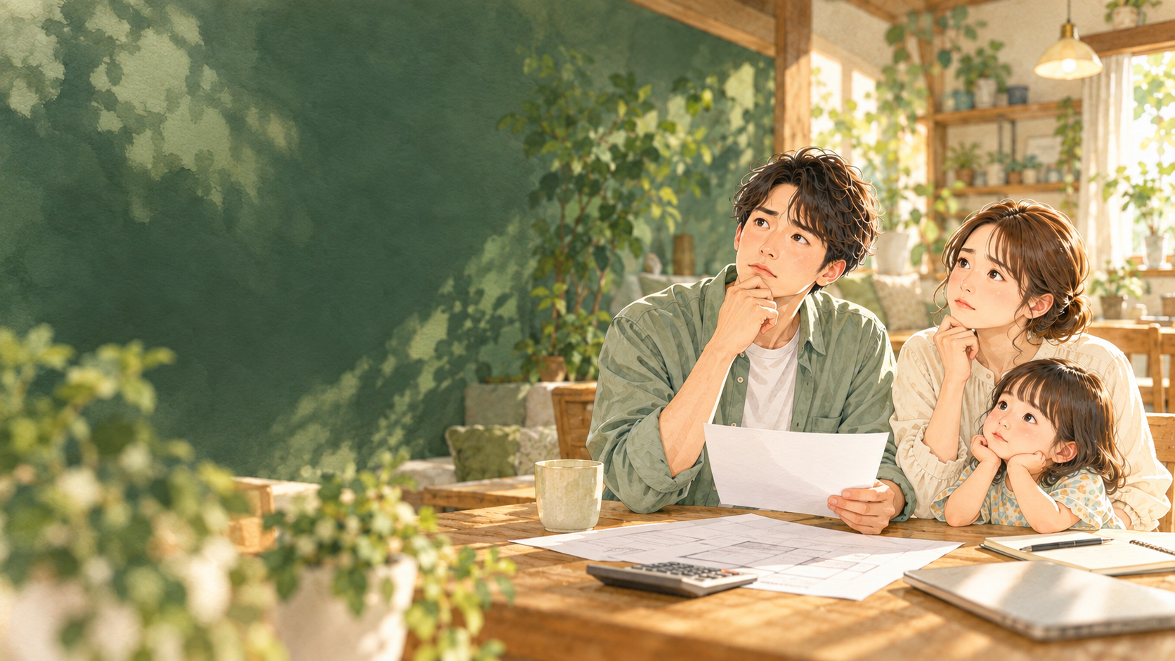 住宅購入の予算と住まい選びを家族で考えるイラスト