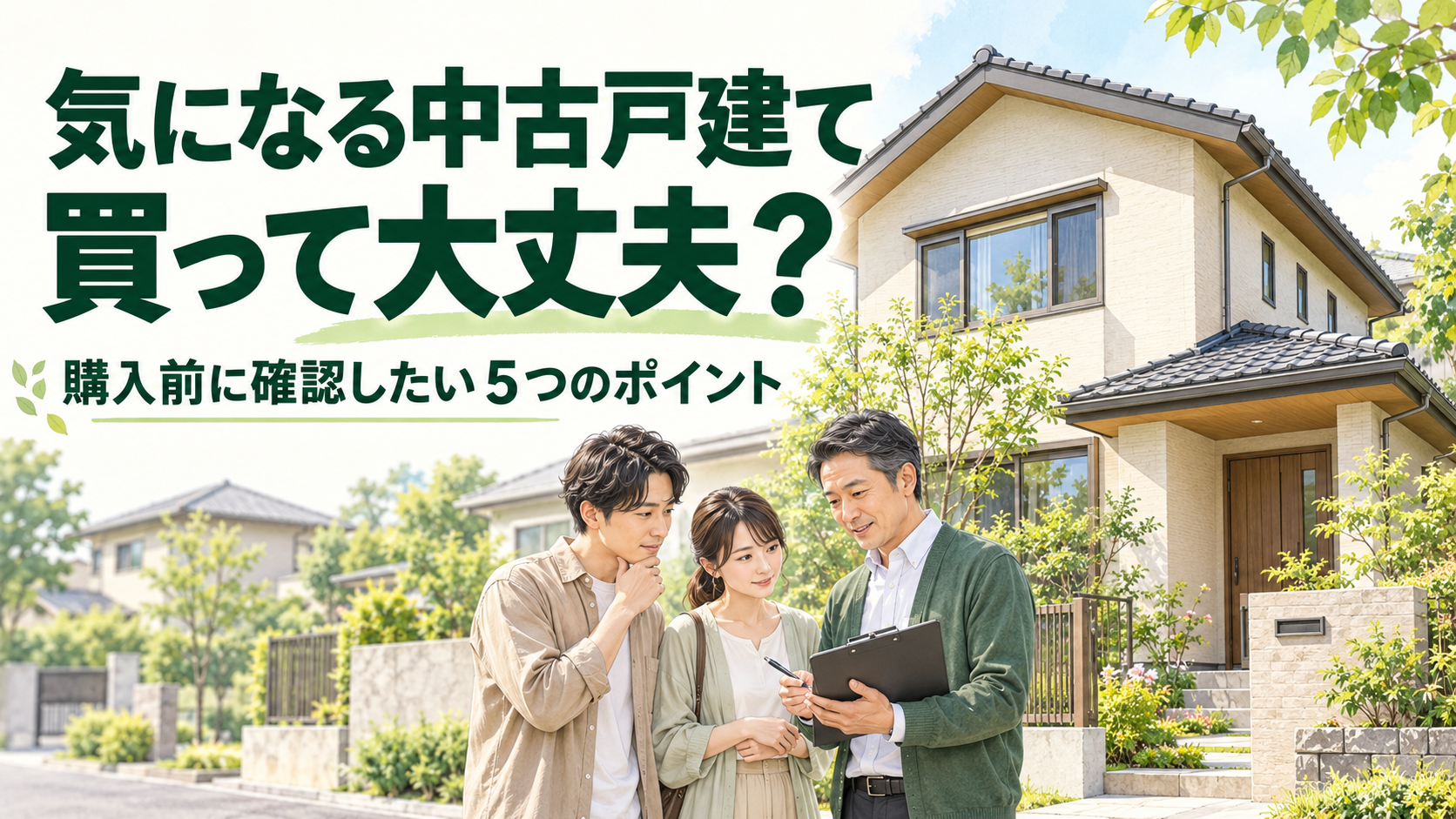 中古戸建ての前で、専門家と資料を確認するご夫婦のイメージ