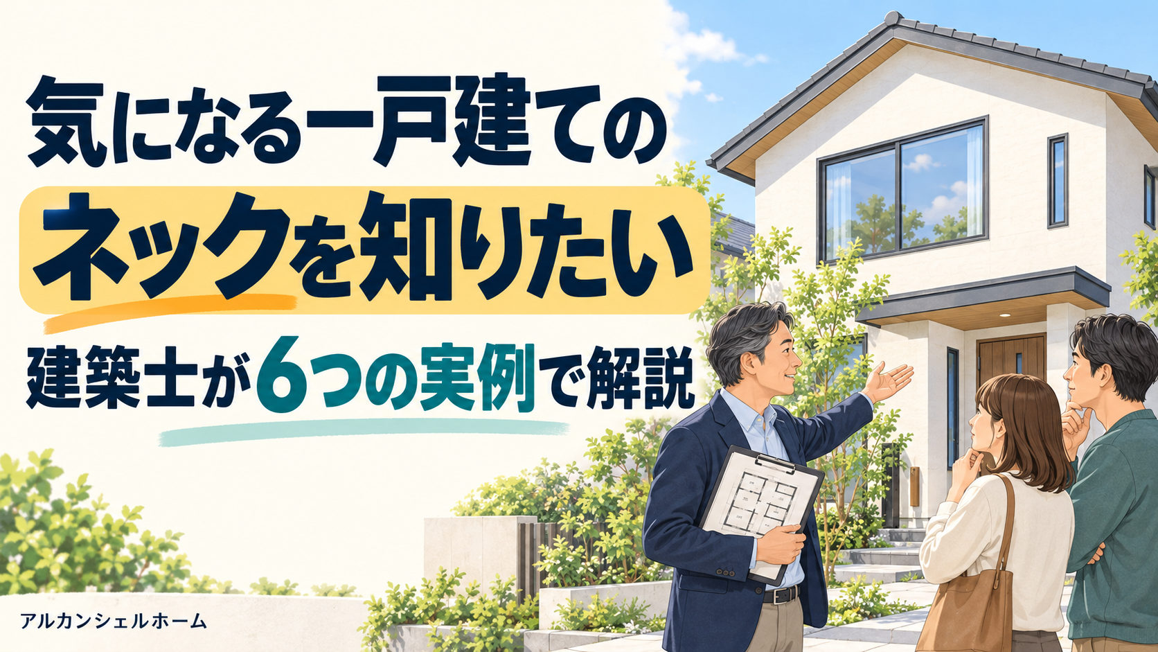 一戸建ての外観を見ながら、建築士が購入検討中の夫婦に物件の注意点を説明しているイラスト