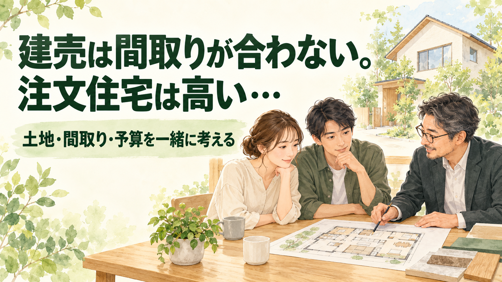 間取り図を見ながら、土地・間取り・予算について建築士と相談する夫婦のイラスト